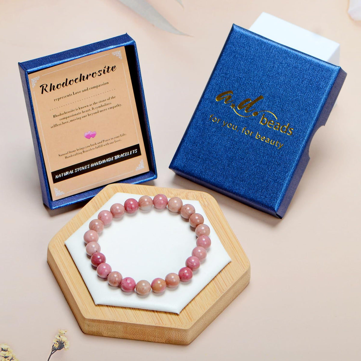 AD Beads Handmade Gemstone Stretch Elastic Bracelet Crystal Healing Reiki Nature's Beauty and Spiritual Essence Unisex (8mm, Rhodochrosite)