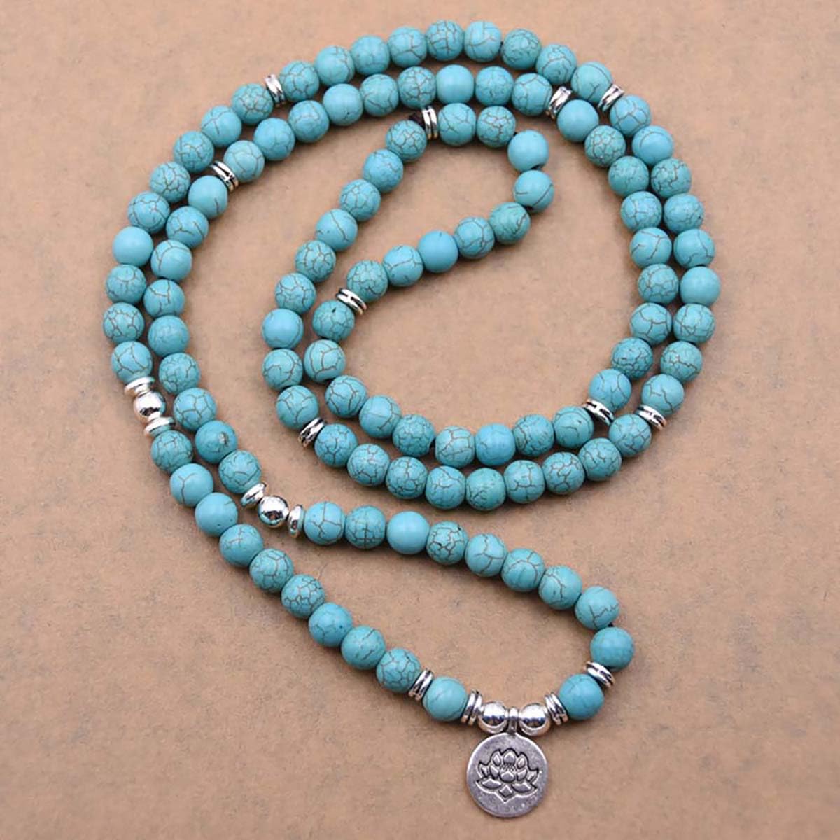 oasymala 108 Mala Beads Bracelet Necklace - Gemstone Prayer Beads with Lotus Charm for Meditation & Yoga (Turquoise)
