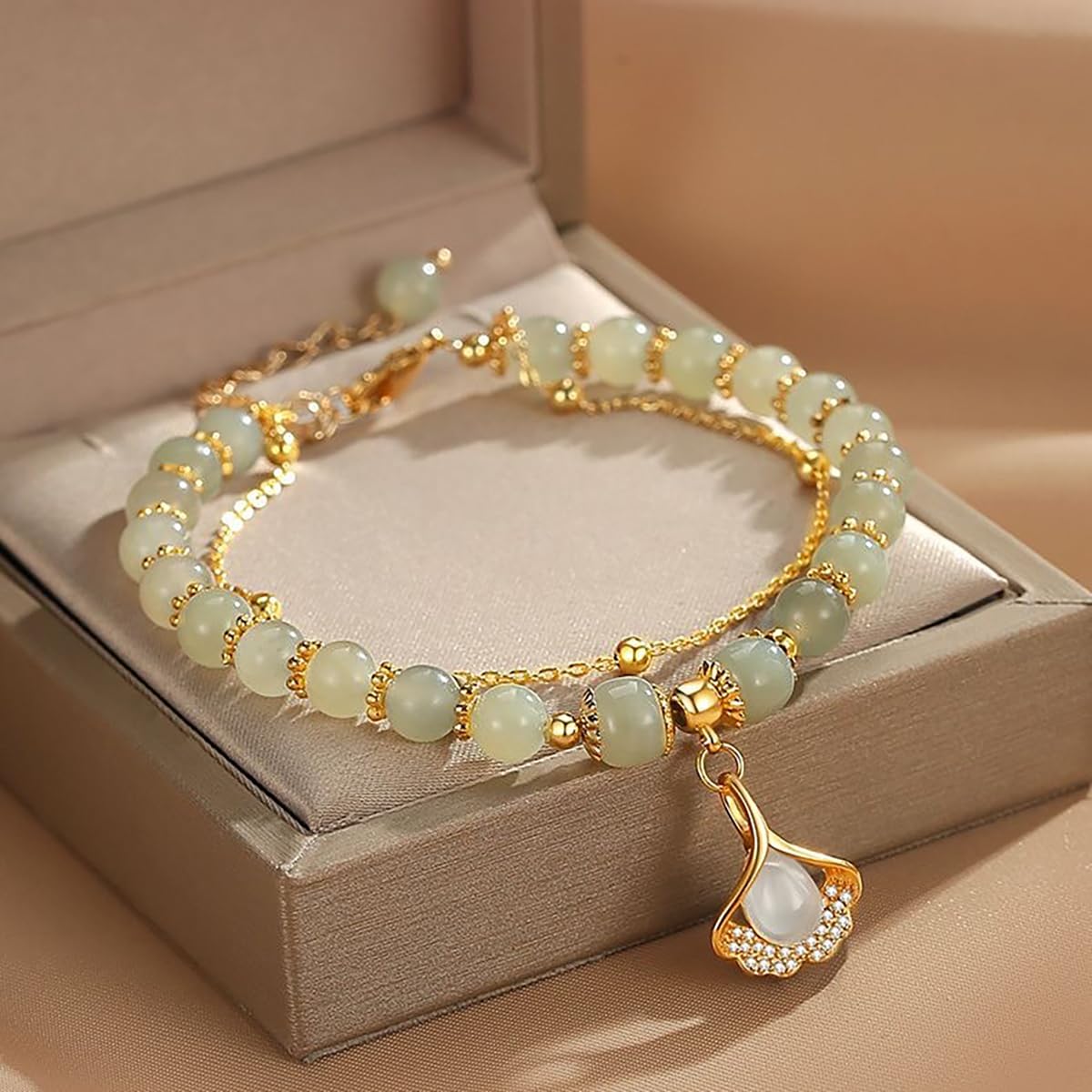 Jade Bracelet for Women Gold Leaf Peanut Apricot Leaves Bracelet Dainty Beaded Jade Bracelet Adjustable Double Layer Bracelet Lucky Green Jade Jewelry (Apricot Leaves)