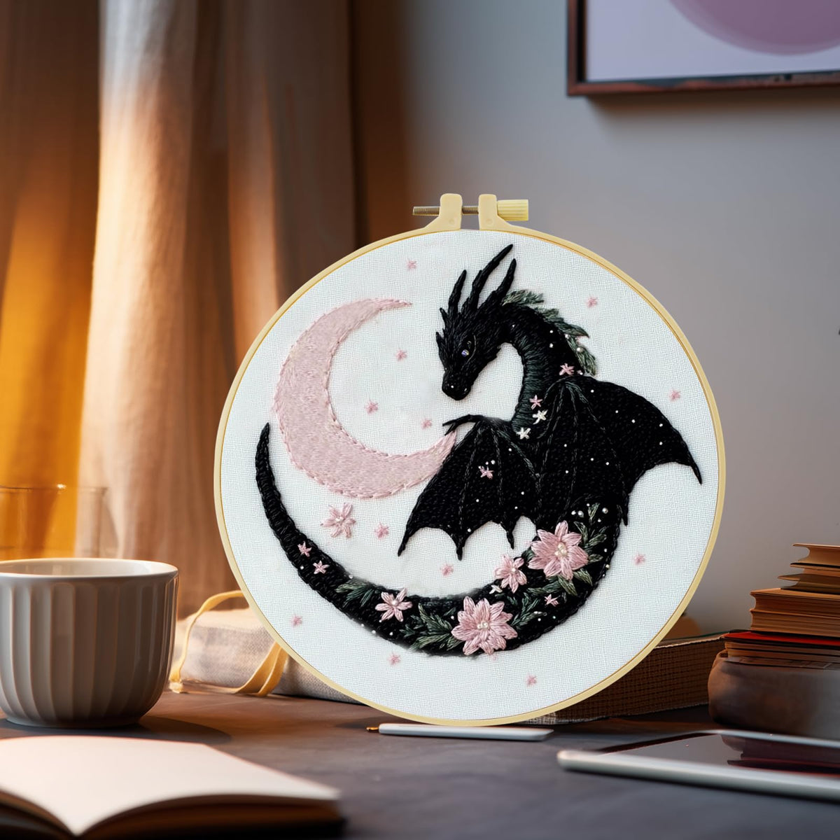 JOZYSH Black Dragon Handmade DIY Embroidery kit,Suitable for Adult Beginners,Includes Embroidery Cloth, Instructions, Embroidery Frame and Needle and Thread, Suitable for Holiday Gifts (Dragon)
