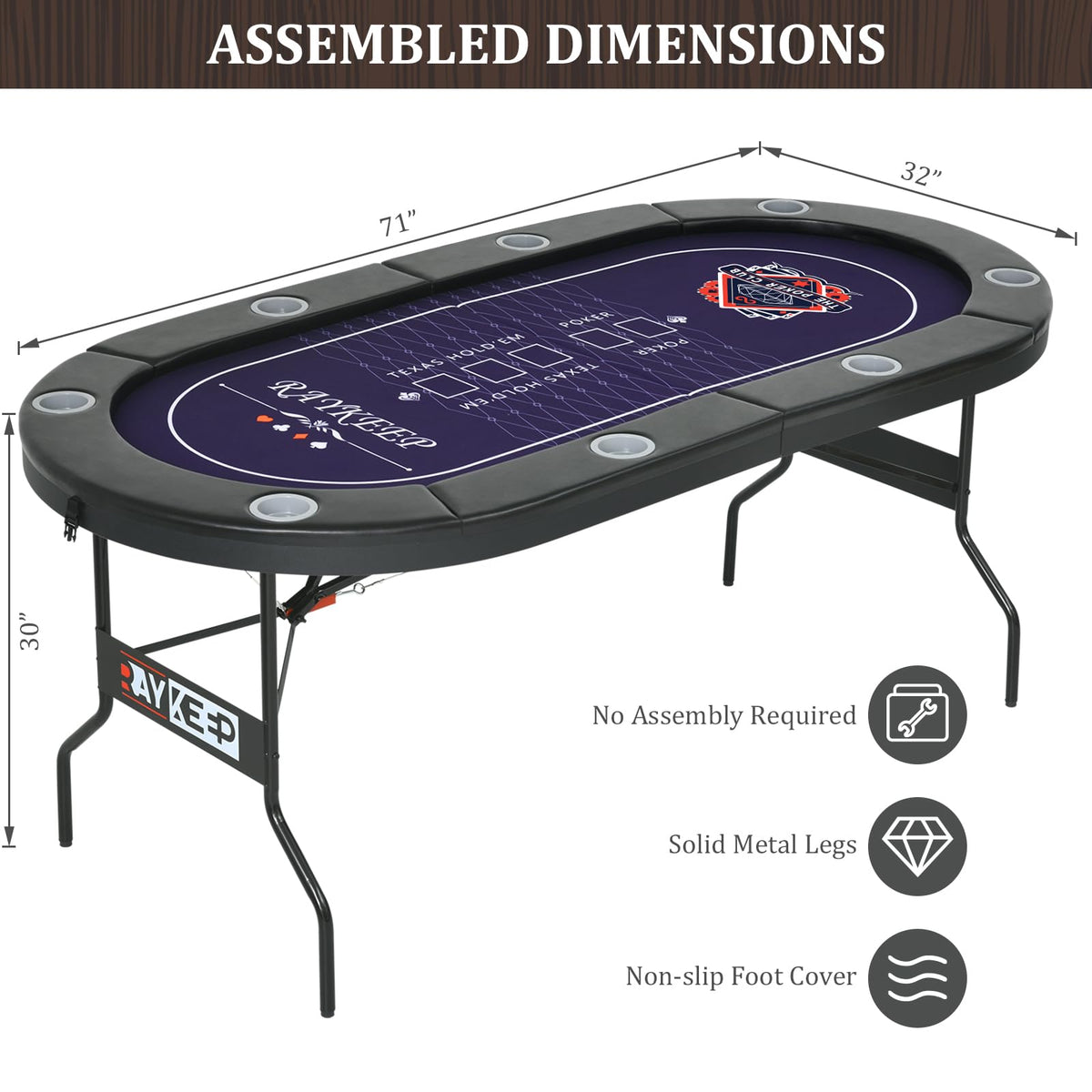 RAYKEEP 71 Inch Poker Table Foldable, 8 Player Folding Poker Tables w/Collapsible Legs, Casino Grade Felt, Padded Rails and Cup Holders, Portable Poker Table for Texas Holdem Poker and Blackjack
