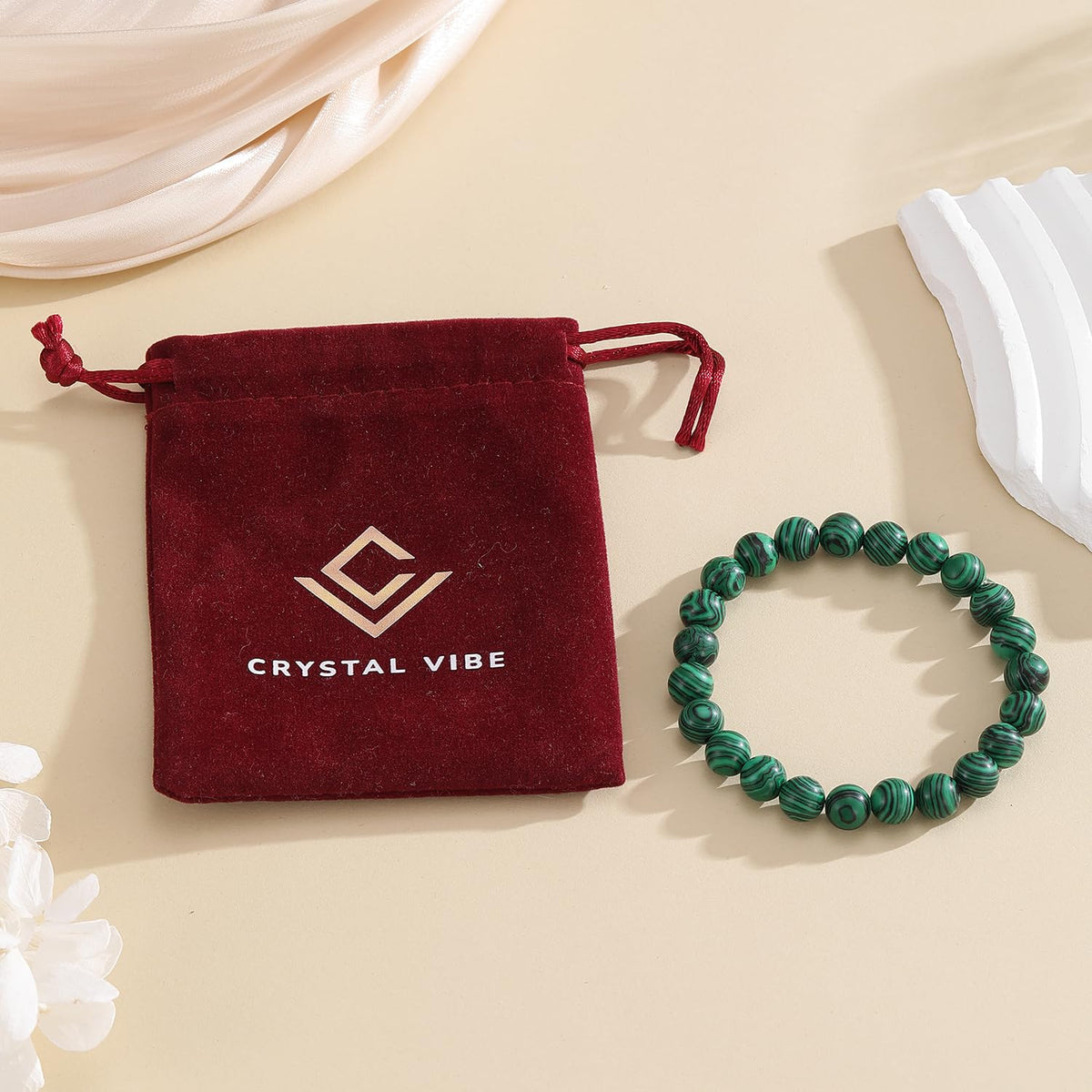 Crystal Vibe Malachite Bracelet for Protection & Growth – Natural Healing Stone 8mm Beaded Bracelet for Women Men – Adjustable Size