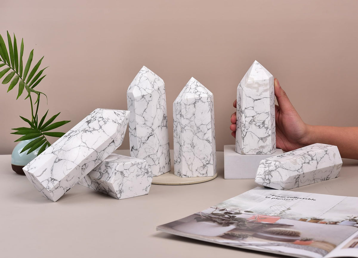 AMOYSTONE Large Stone Tower Natural White Turquoise Healing Crystal Wand Hexagonal Point Obelisk Irregular 3-3.5 Lbs, Spiritual Meditation, Reiki Chakra Gemstone Home Decor