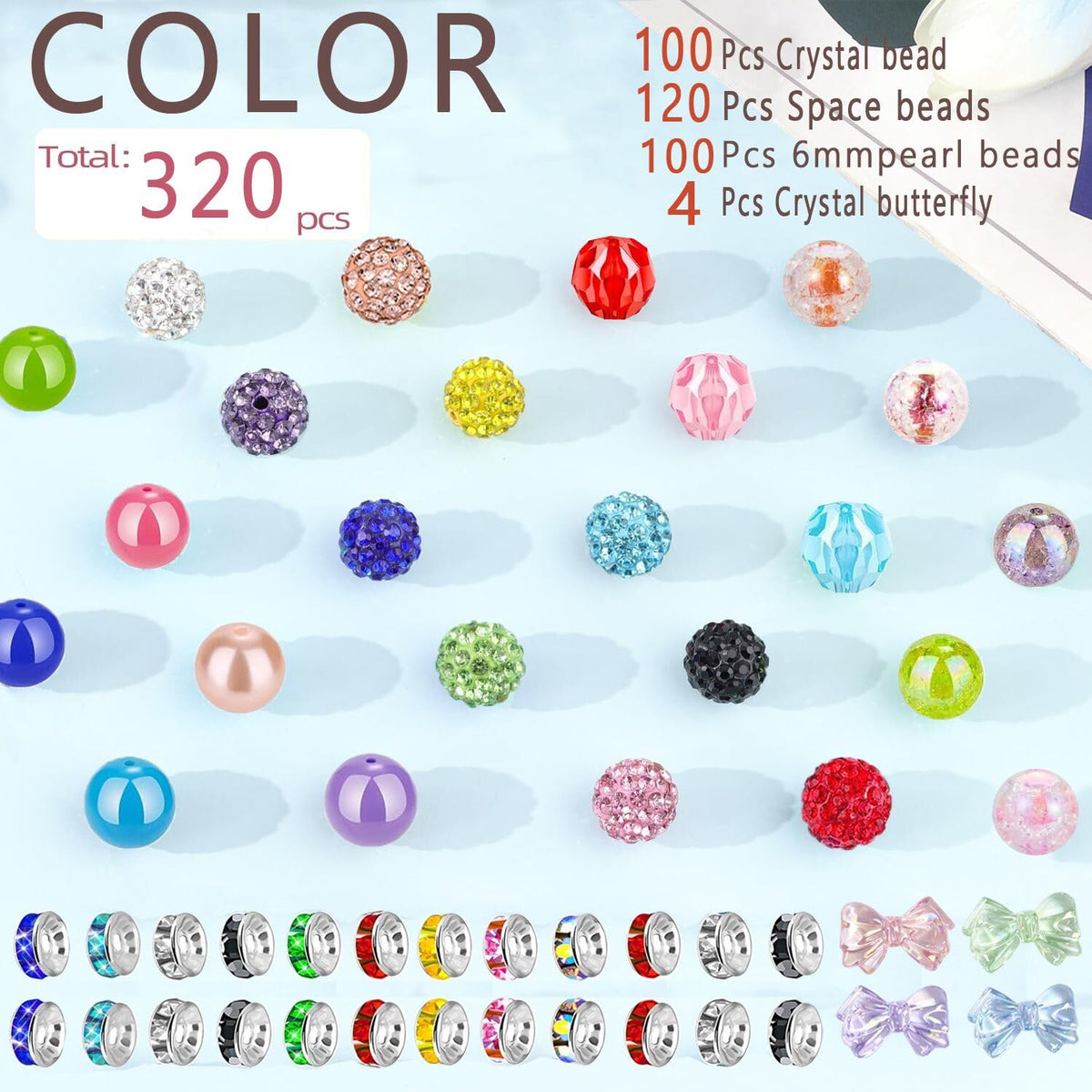 320pcs Crystal Beads for Pen Making, Including 100pcs 10mm Rhinestone Mixed with Round Bead and Bubble Gum, and 120pcs 8mm Spaced, DIY handicrafts (10mm)