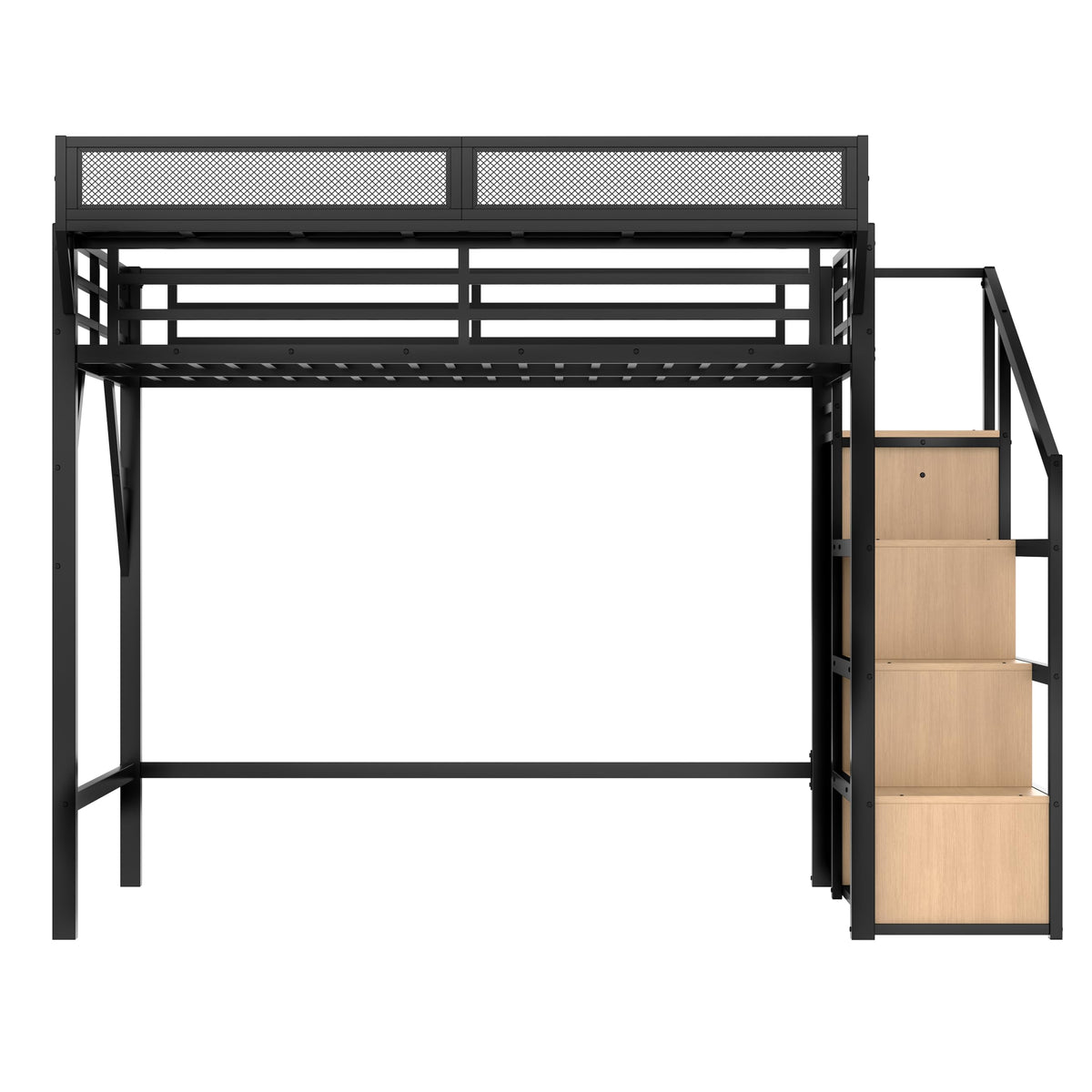 KEIKI Queen Loft Bed with Storage Stairs for Adults,Heavy Duty Bunk Beds with Shelves, Wardrobe, Metal Bedframe with USB Ports for Bedroom, Natural
