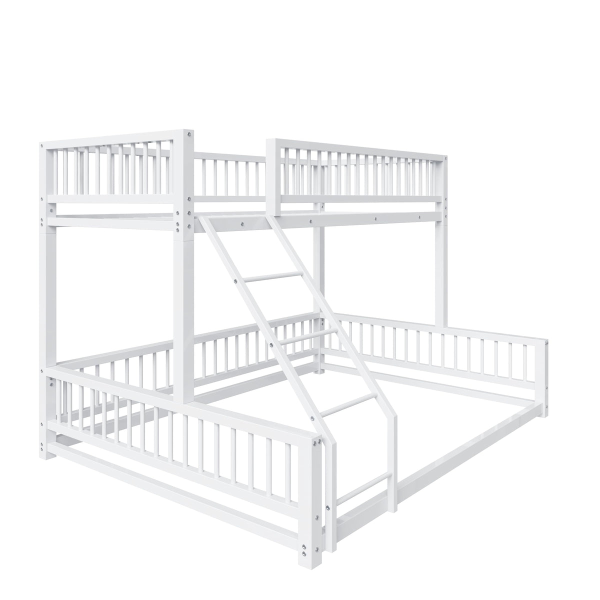 Bellemave Metal Twin XL Over Queen bunk Bed, Floor Twin XL Over Queen Bunk Bed Frame with Ladder and Safety Guardrails, White