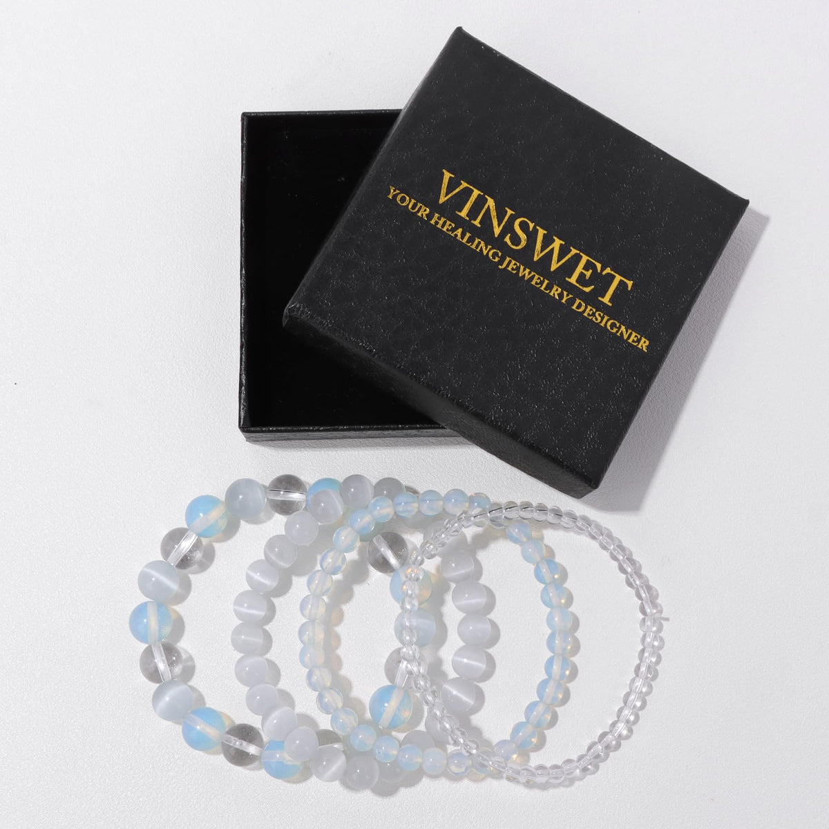 Vinswet 4pcs Natural Stone Beaded Bracelets for Women Men,Healing Crystal Gemstones Stretch Bracelet,4mm 6mm 8mm 10mm Opal Clear crystal Opal Anxiety Stress Relief Bracelet Jewelry Gifts