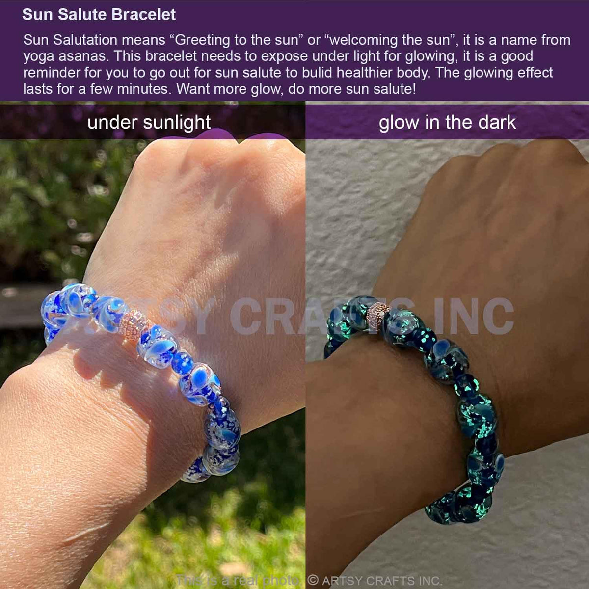 ARTSY CRAFTS INC Peacock Feather Glow in the Dark Firefly Bead Bracelet, Luminous Murano Jewelry Glowing Beaded Bracelet, Stretchy Wristband, Sapphire 6-7"