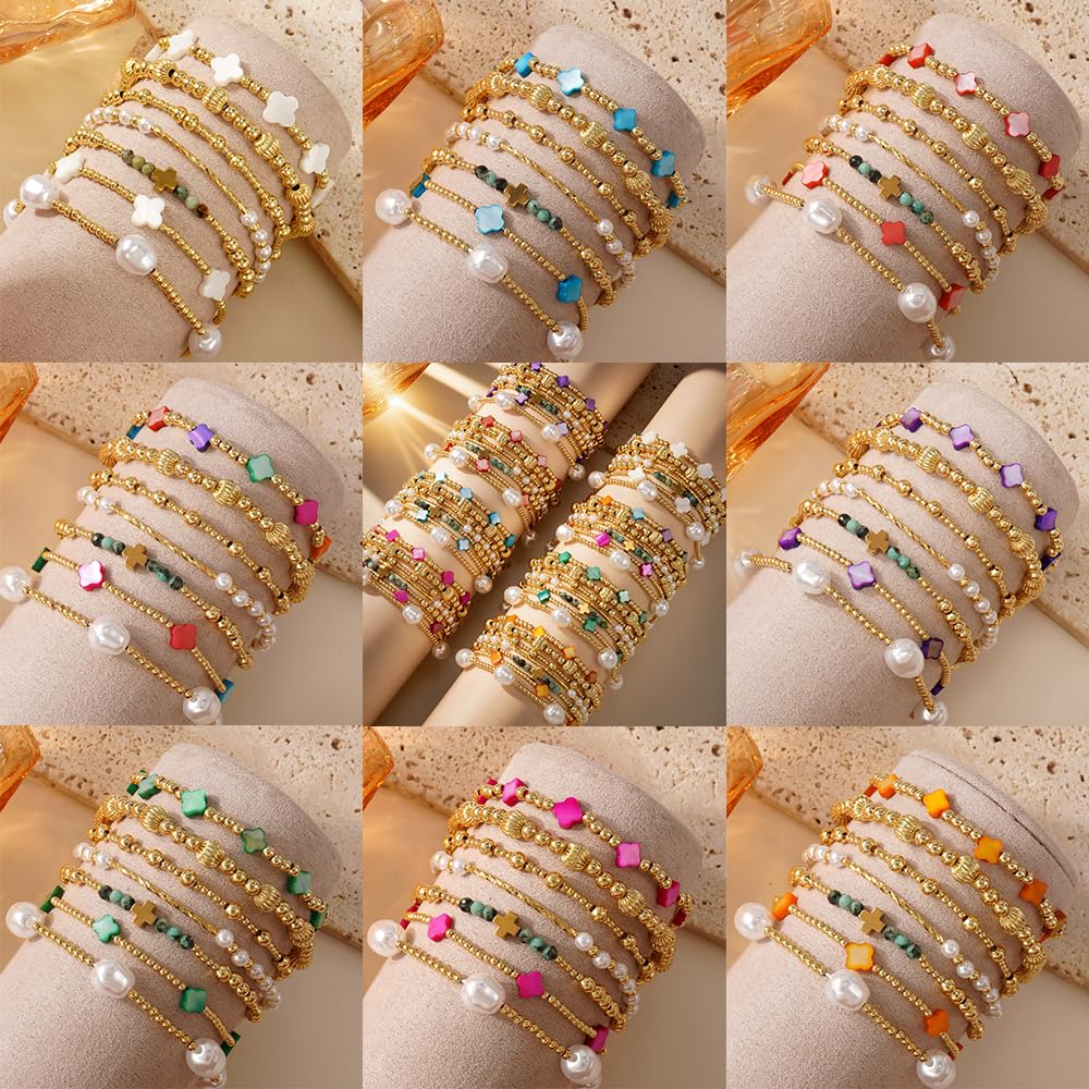 SHINUS BOHO 14K Gold Beaded Pink Clover Stackable Bracelets for Women,7PCS/Set Boho Cross Pearl Beads Stretch Bracelet Stack Fashion Holiday Birthday Prom Jewelry Accessories Gift Friendship Sister