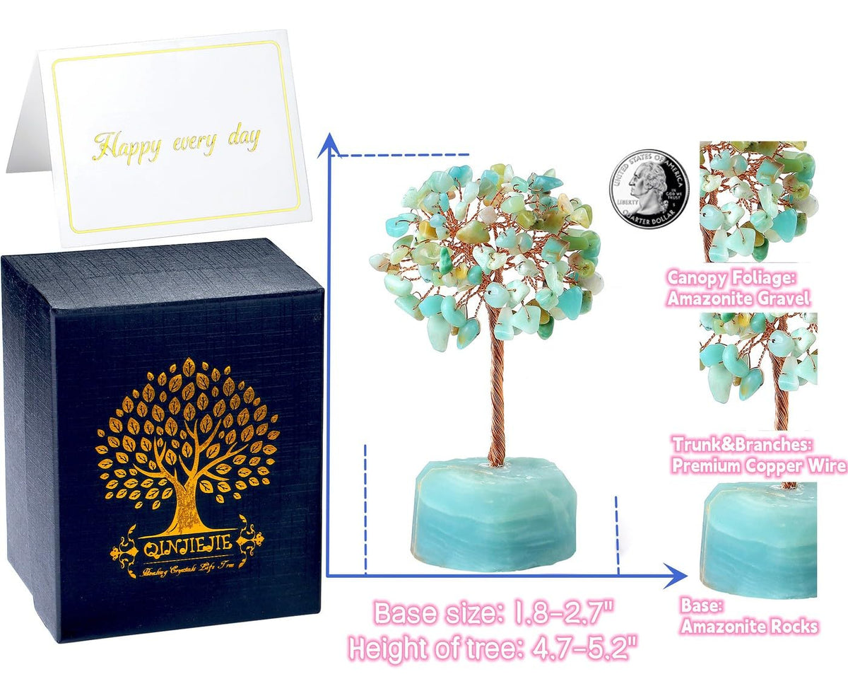 QINJIEJIE Amazonite Healing Crystal Tree Decor Natural Stone Gemstone Room Office Desk Decor Crystals Base Copper Wire Money Tree of Life Spiritual Decorations Home Meditation Yoga Gift for Women