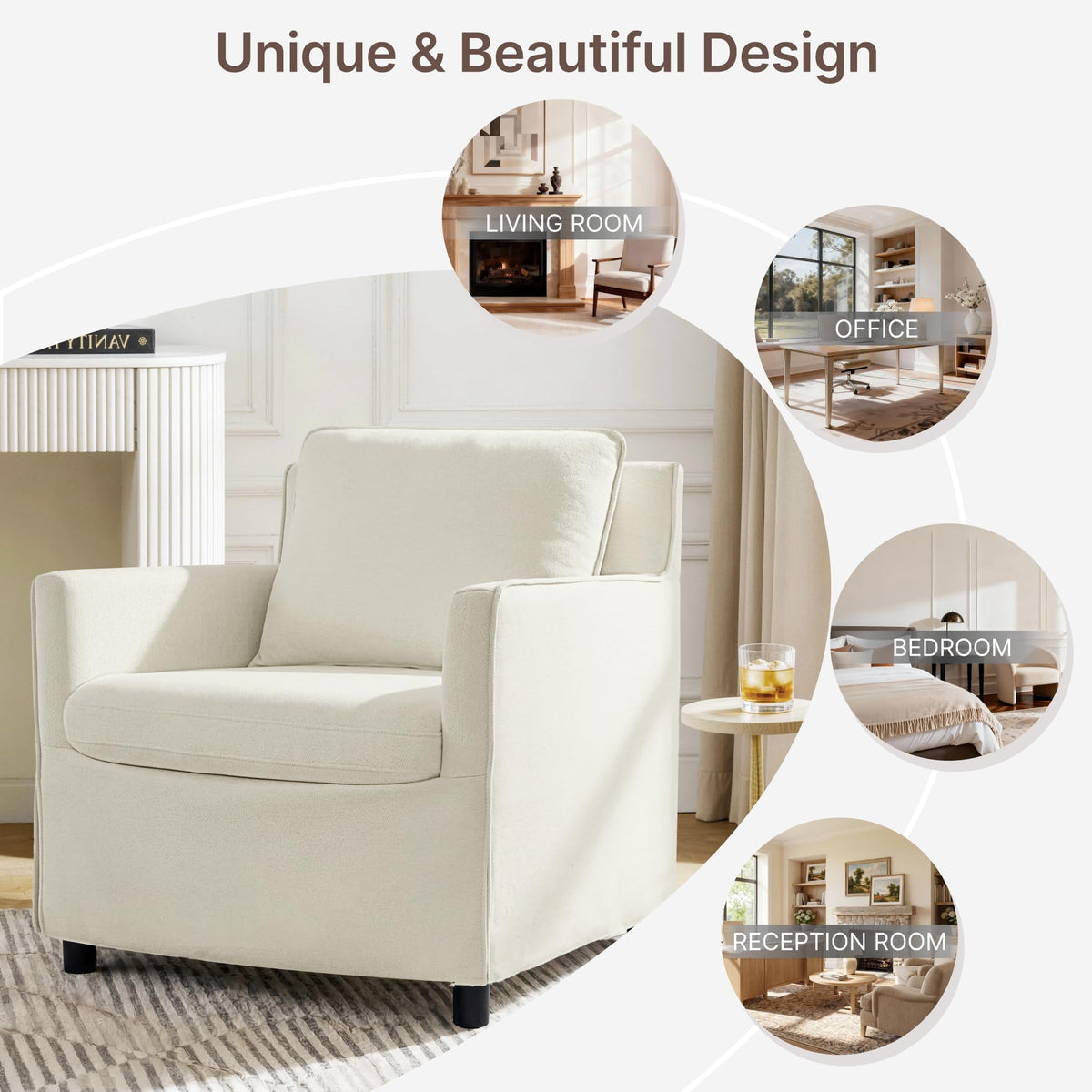 Upholstered Barrel Accent Chair, Modern Single Sofa with Washable Cover for Living Room, Bedroom,Reading Spaces,Office,Cream White