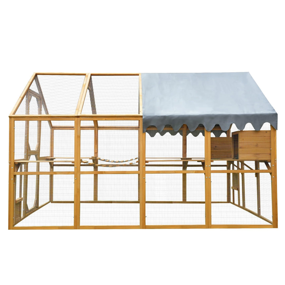 KEIKI 110"L Outdoor Large Chicken Coop with Waterproof Cover, Roosting Platform, Wire Mesh & 2 Lift Small Doors with Locks, Wood Chicken Coop House with Run for Cat Kitten Playpen, Duck, Rabbit, Quail