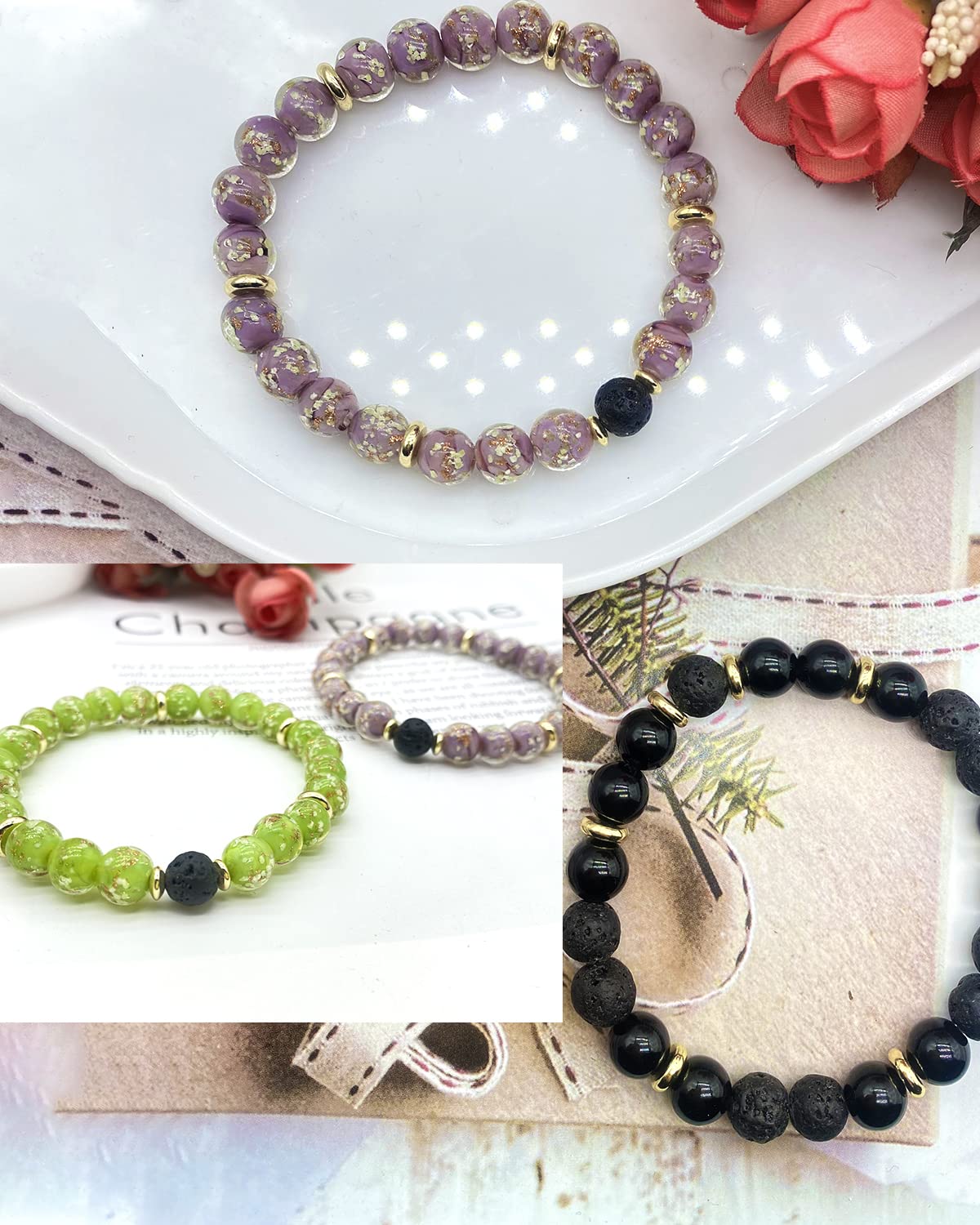 Dayka Stress Relief Spiritual Anxiety Meditation Relaxation Mindfulness Chakra Healing Crystals Essential Oil Glow Bracelets Gifts for Teen Girls Women (8mm, Red lava bracelet)