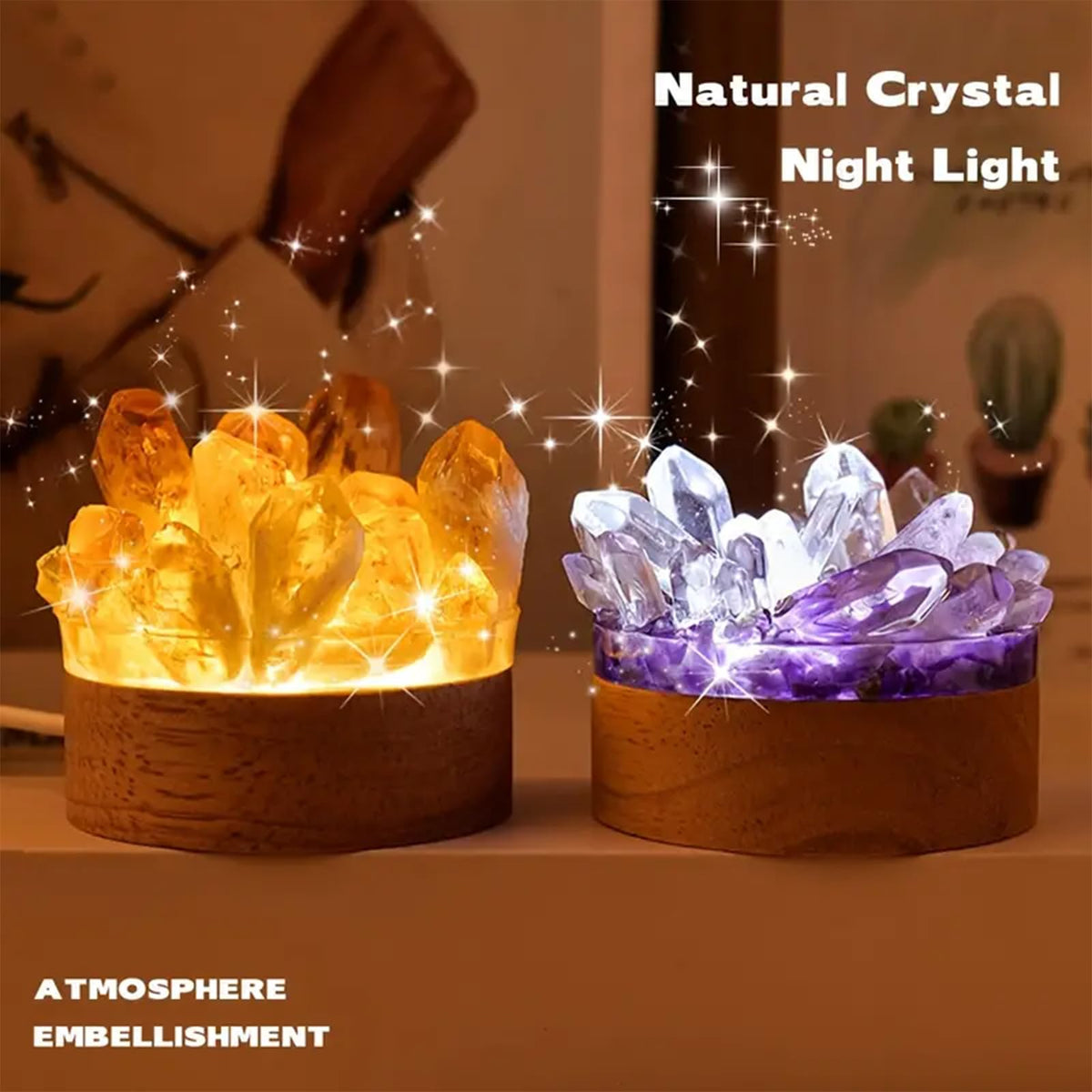 Runyangshi Natural Crystal Night Lamp Bedroom Bedside Sleep Night Light Clear Healing Crystal + Amethyst Gemstone Quartz Ambient Light USB Powered Night Decoration Desktop Ornament for Home Decor Gift