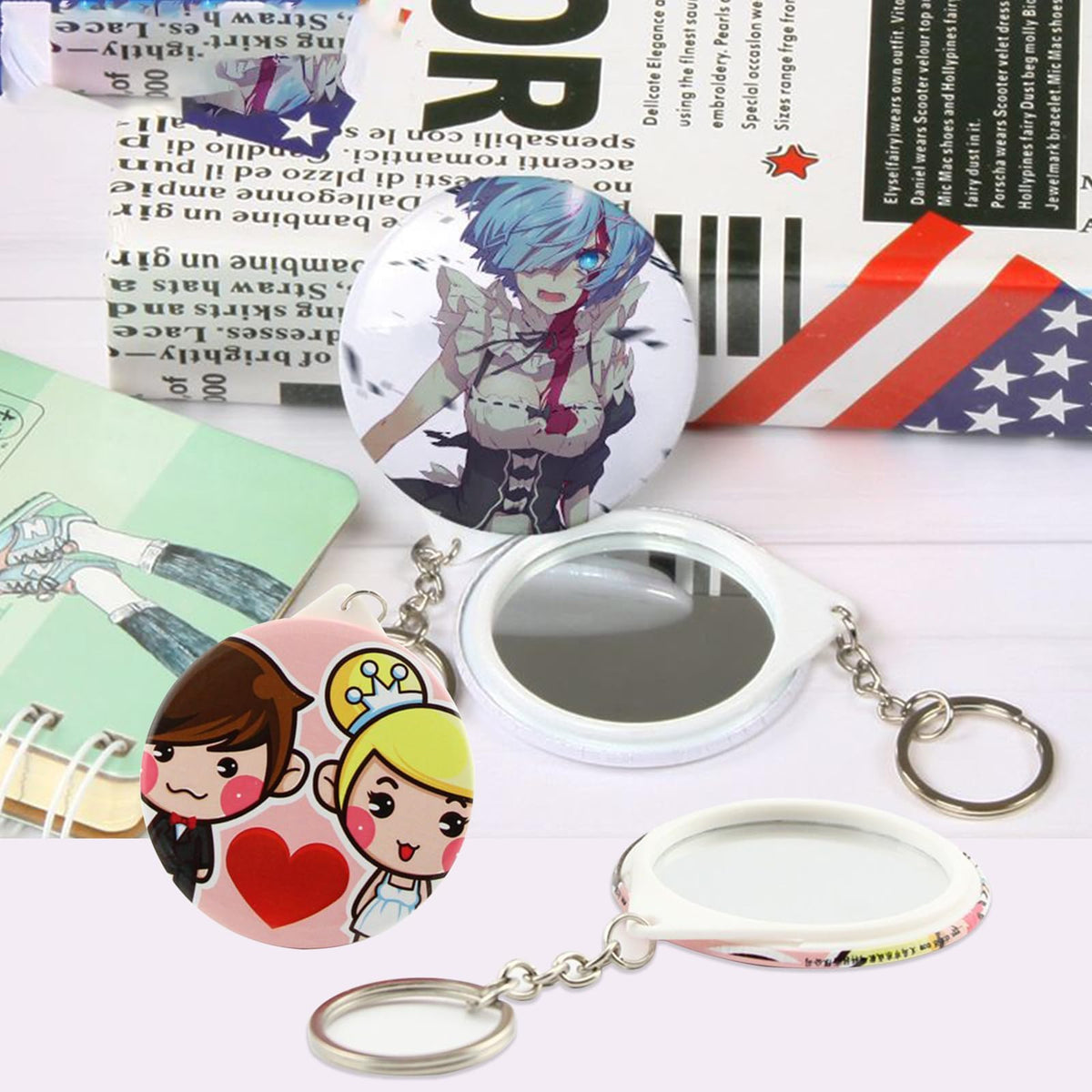 25 Sets Button Badge Maker Double-Sided Keychain, 2.28 Inch (58 mm) Tinplate Badge with Metal Cover, Mirror, Plastic Base and Keychain, Supplies for Button Making Machine