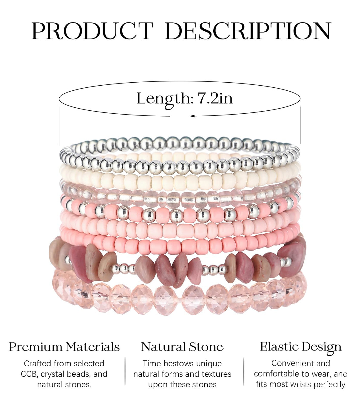 Noessla Boho Beaded Bracelets for Women Stackable Irregular Natural Stone Bead Stretch Bracelet Set 8PCS Costume Jewelry Gifts for Her(Pink)
