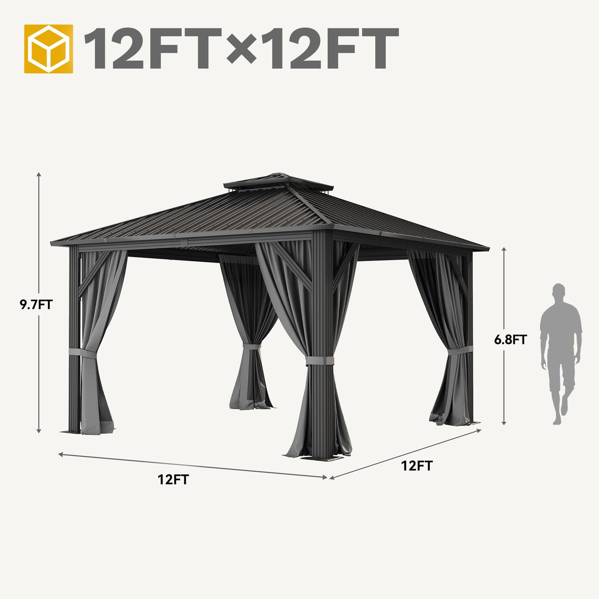 DWVO 12x12ft Metal Gazebo Hardtop Double Roof Canopy Outdoor Gazebo Galvanized Roof with Netting and Curtain Garden Tent for Patio, Backyard and Deck