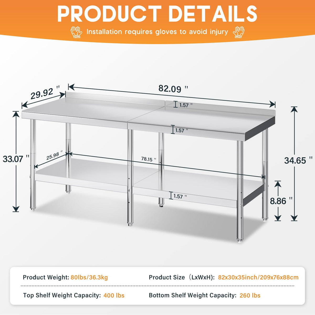Jocisland 30" x 82" Stainless Steel Table for Prep & Work, Food-Grade Stainless Steel with Backsplash, Adjustable Under Shelf & Safe Design for Restaurant, Home and Outdoor