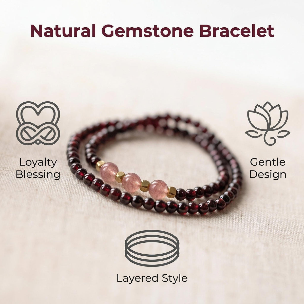 CNYTPE Garnet Bracelet for Women – Red Garnet Jewelry, Healing Crystal Bracelet, Handmade Gemstone Jewelry, Symbol of Love, Happiness & Harmony (Garnet & Strawberry Quartz Multi-Strand)