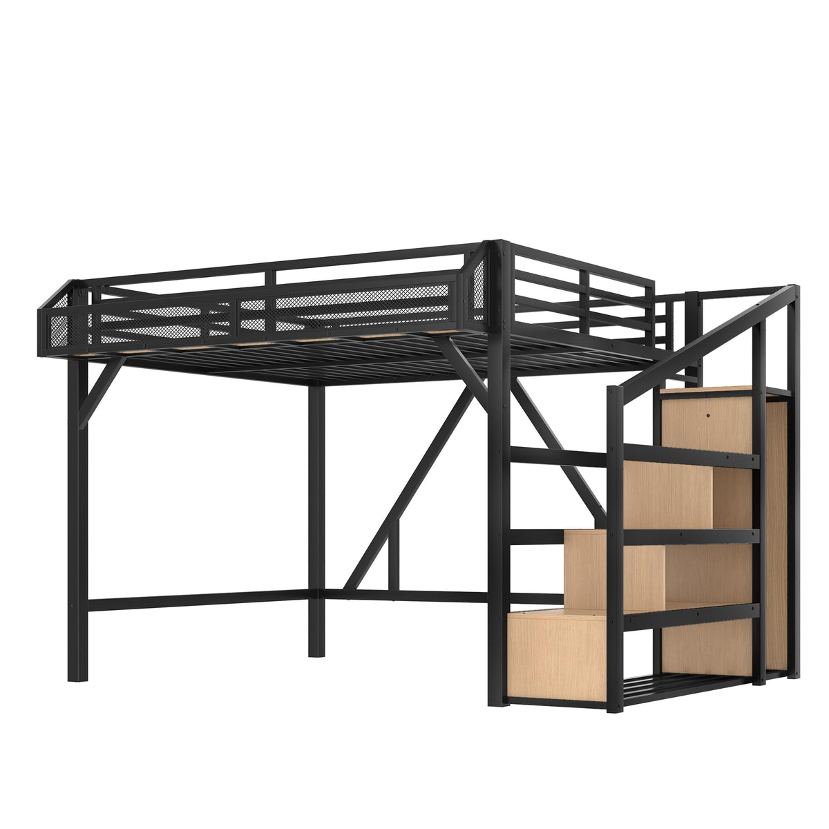 Bellemave Queen Size Loft Bed with Storage Stairs, Beside Shelves and Wardrobe, Queen Metal Loft Bed Frame with USB Ports and LED Lights, Large Under-Bed Space, for Adults,Teens,Boys,Girls, Natural
