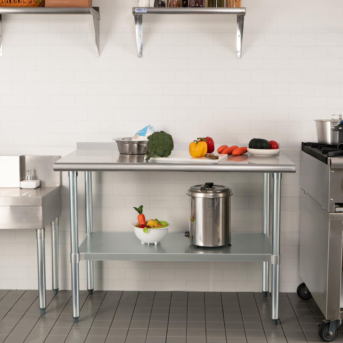 HARDURA Stainless Steel Prep & Work Table 30 x 48 Inches NSF Heavy Duty Commercial with Undershelf and Backsplash, Galvanized Legs for Commercial Food Prep