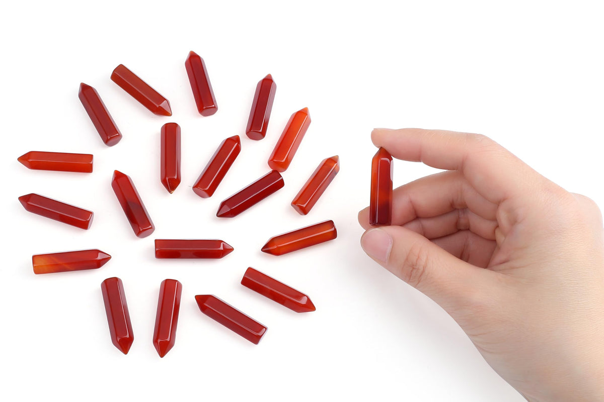 QINJIEJIE Red Carnelian Agate 20 PCS Healing Crystals Stones Sets Wands Bulk Natural Pocket Crystal Towers Assorted Pointed Reiki Gemstones Polished Energy Meditation Chakra Gifts for Women Men