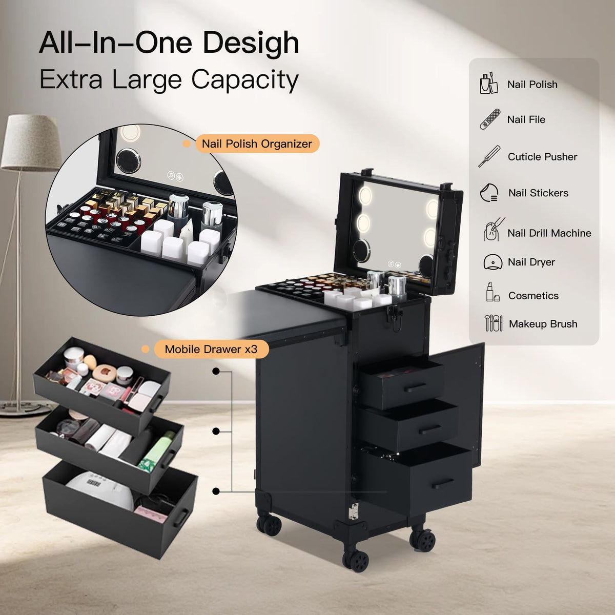 Portable Nail Desk for Nail Tech, Foldable Manicure Table with 3 Drawers & Mirror, Rolling Nail Table with Lockable Train Case, Nail Polish Organizer, Mobile Nail Tech Workstation with Wheels, Black