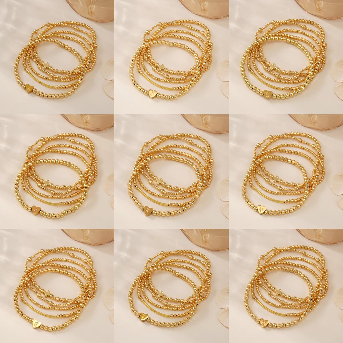 14K Gold Cross Beaded Initial Bracelet Stack for Women,Dainty Stretch Gold Plated Letter “Z” Stackable Bracelets Bohemian Layered Prom Party Accessories Jewelry Gift Friendship