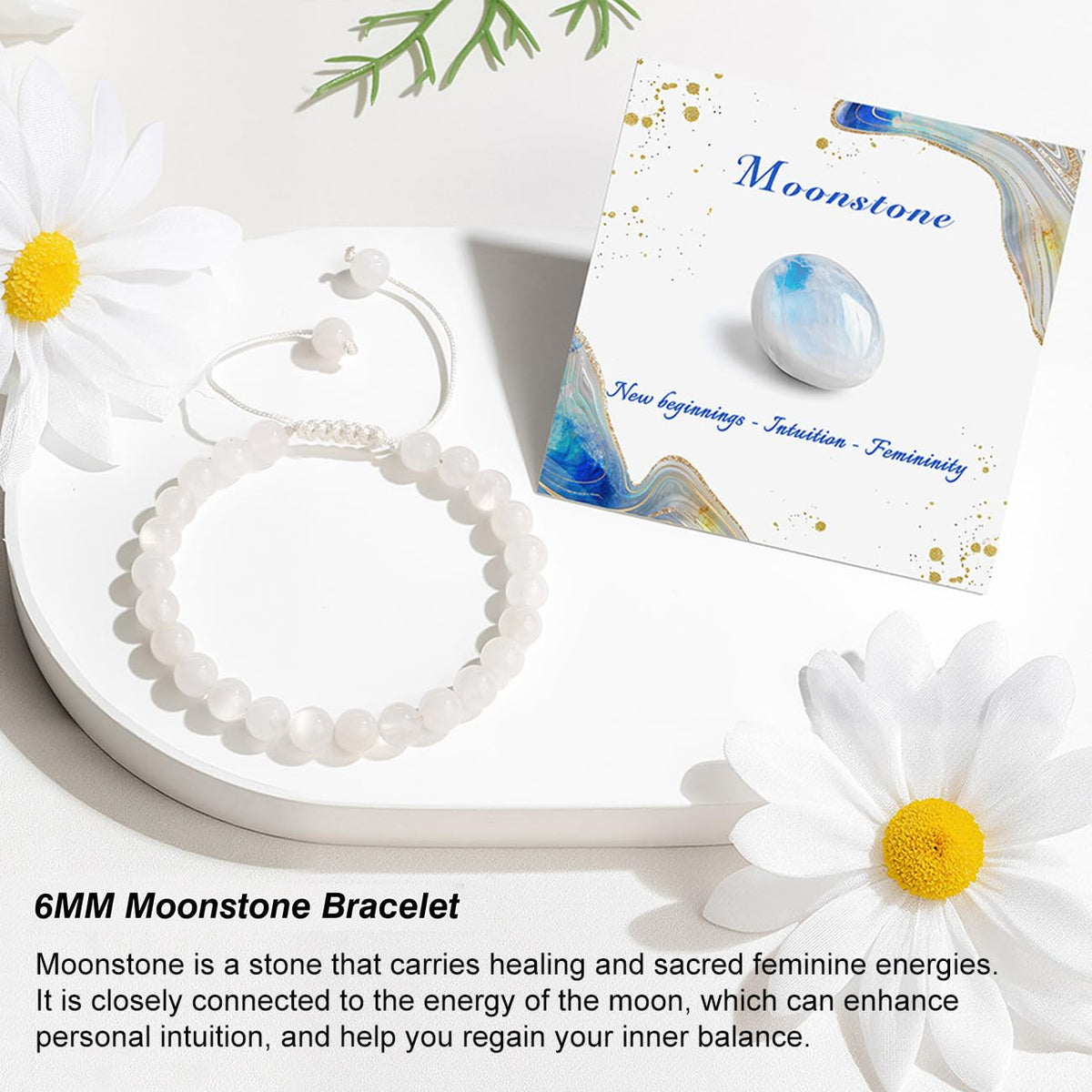 GolbalJew Healing Crystal Beaded Bracelets for Women Men, 6mm Moonstone Stone Beads Bracelets Set with 2PCS Adjustable White Rope Bracelets
