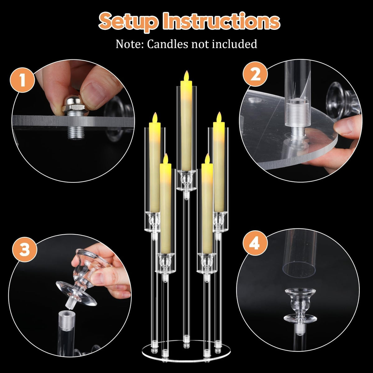 5 Arms Acrylic Candelabra Centerpieces for Tables, Clear Candle Holder for Halloween Christmas Wedding Party Decor, 27" Tall Candlestick Holders with Lampshade, Fits LED Candle(2pcs)
