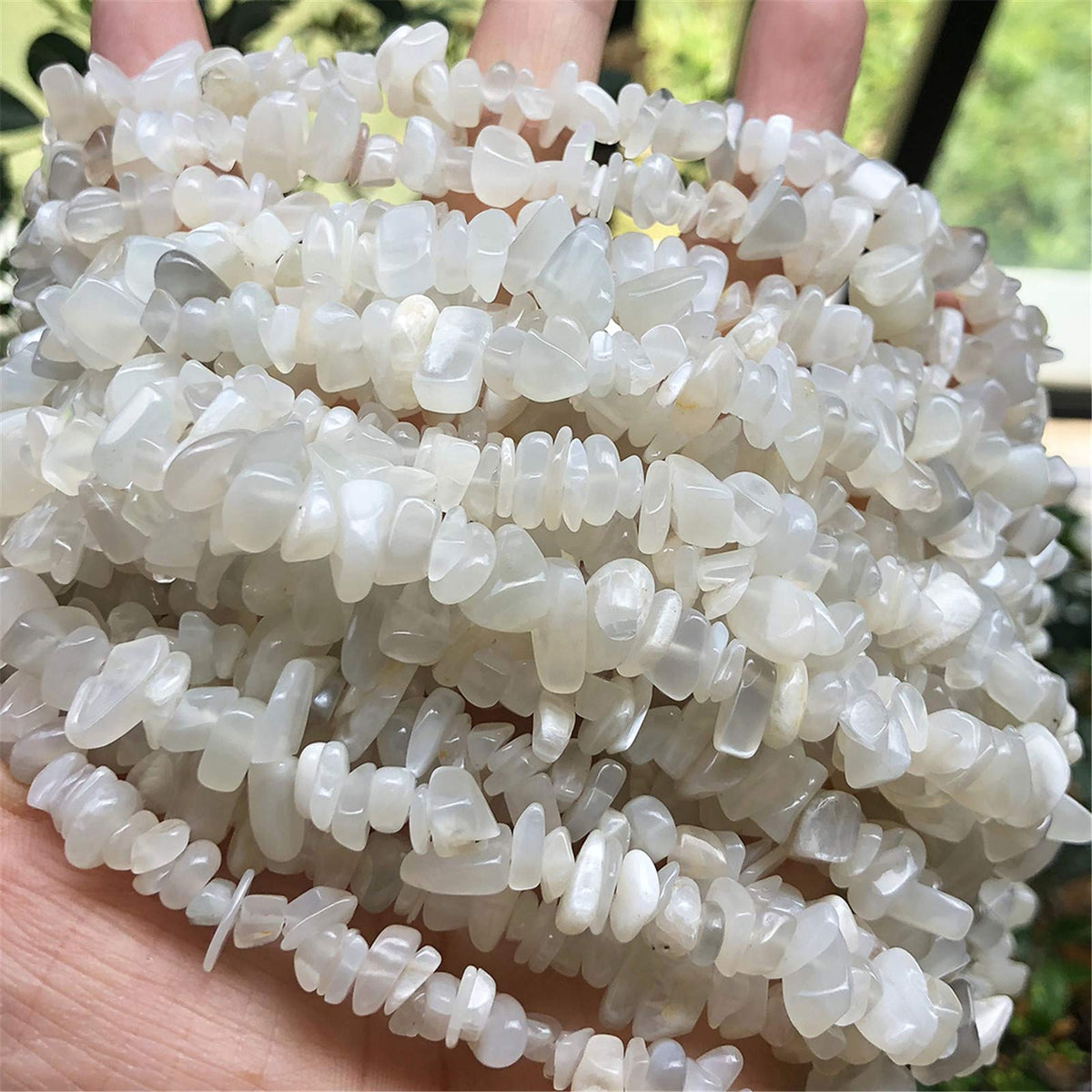 Fekuar 64" Irregular Tumbled White Moonstone Chip Beads for Jewelry Making, Healing Crystal Drilled Loose Bead Strand DIY Craft Supplies, 5-8mm