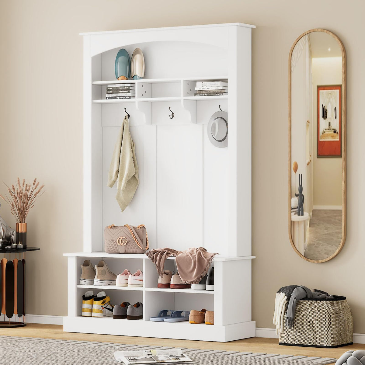 HEIDOUHEI Hall Tree with Bench Shoe Storage Entryway Coat Rack 47.2'' Wide Multi-Functional 3 Hanging Hooks Open Space Rectangle Shelves Farmhouse Boho Furniture Organizer Hallway