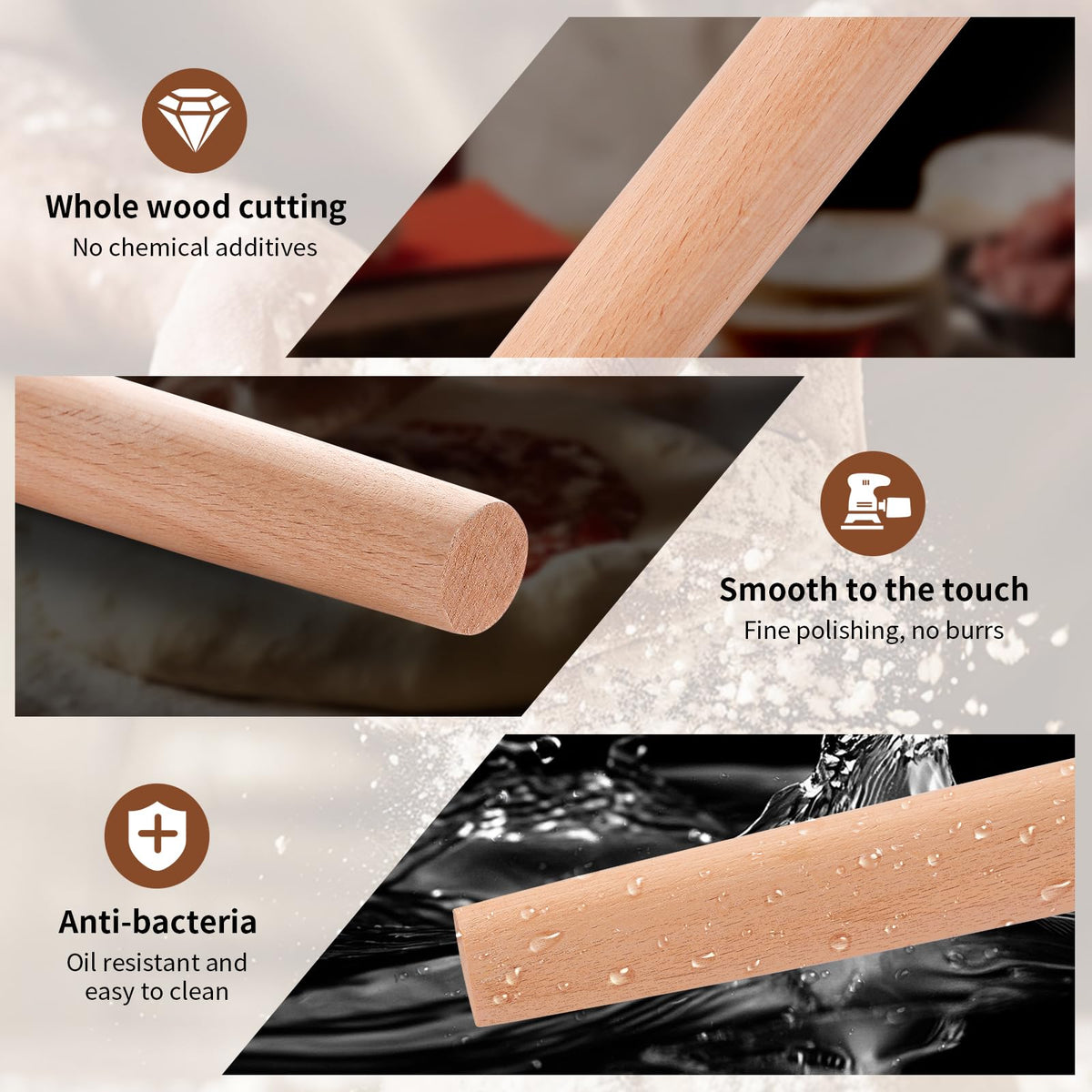 French Rolling Pin (18.92Inches) –WoodenRoll Pin for Fondant, Pie Crust, Cookie, Pastry, Dough –Tapered Design & Smooth Construction - Essential Kitchen Utensil- Easy Clean Handle