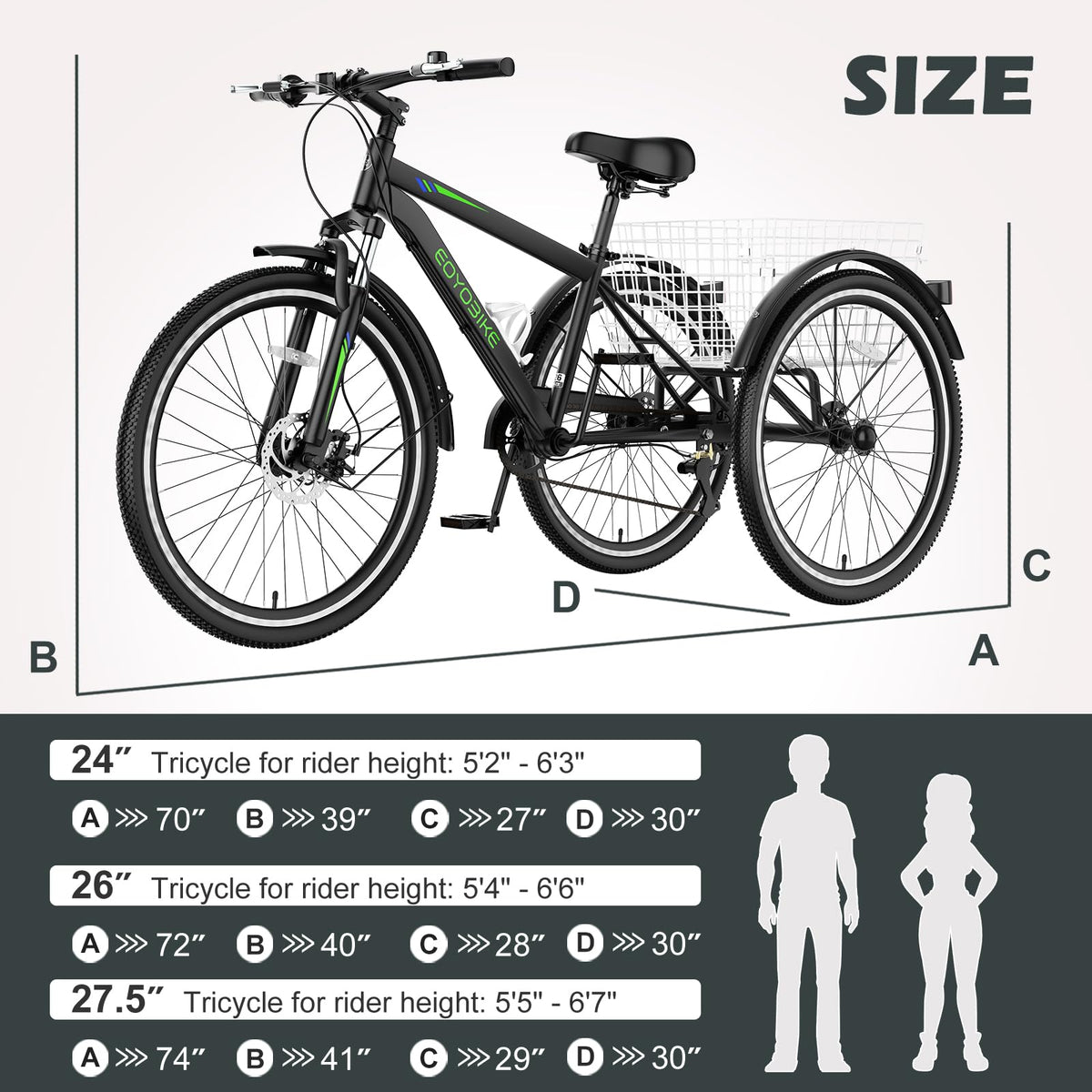 H&ZT Adult Tricycle, 3 Wheeled Bike, Trike Cruiser Bike, with 7-Speed Gear, Parking Brake Handle, Low Step, Large Rear Basket, Elderly Friendly, for Men, Women, and Teens