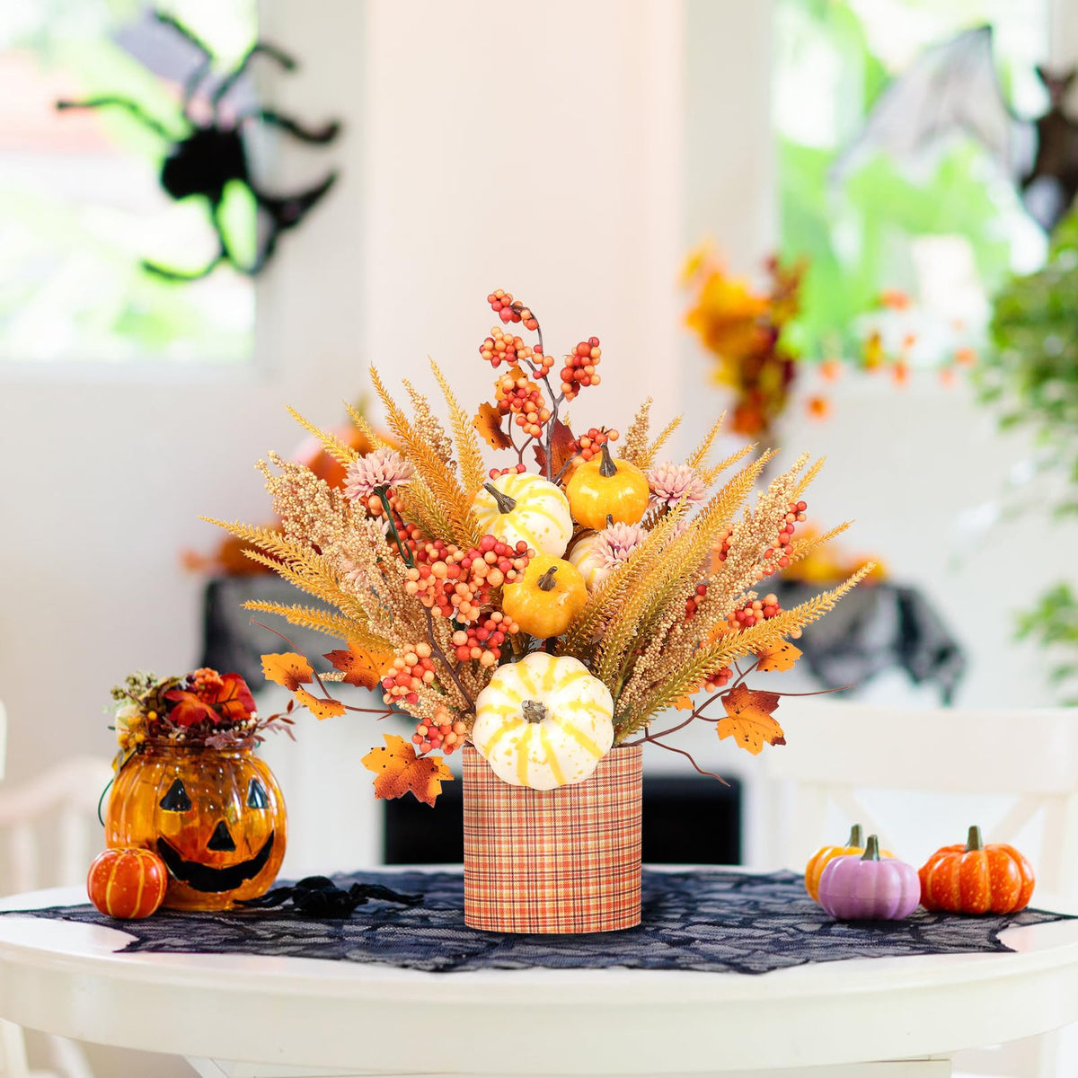 SY Super Bang Fall Decor, 12" Artificial Yellow/White Pumpkin Berry Maple Tree Table Decorations, for Autumn Halloween Thanksgiving Home Farmhouse Harvest Holiday Party Centerpieces Decor.