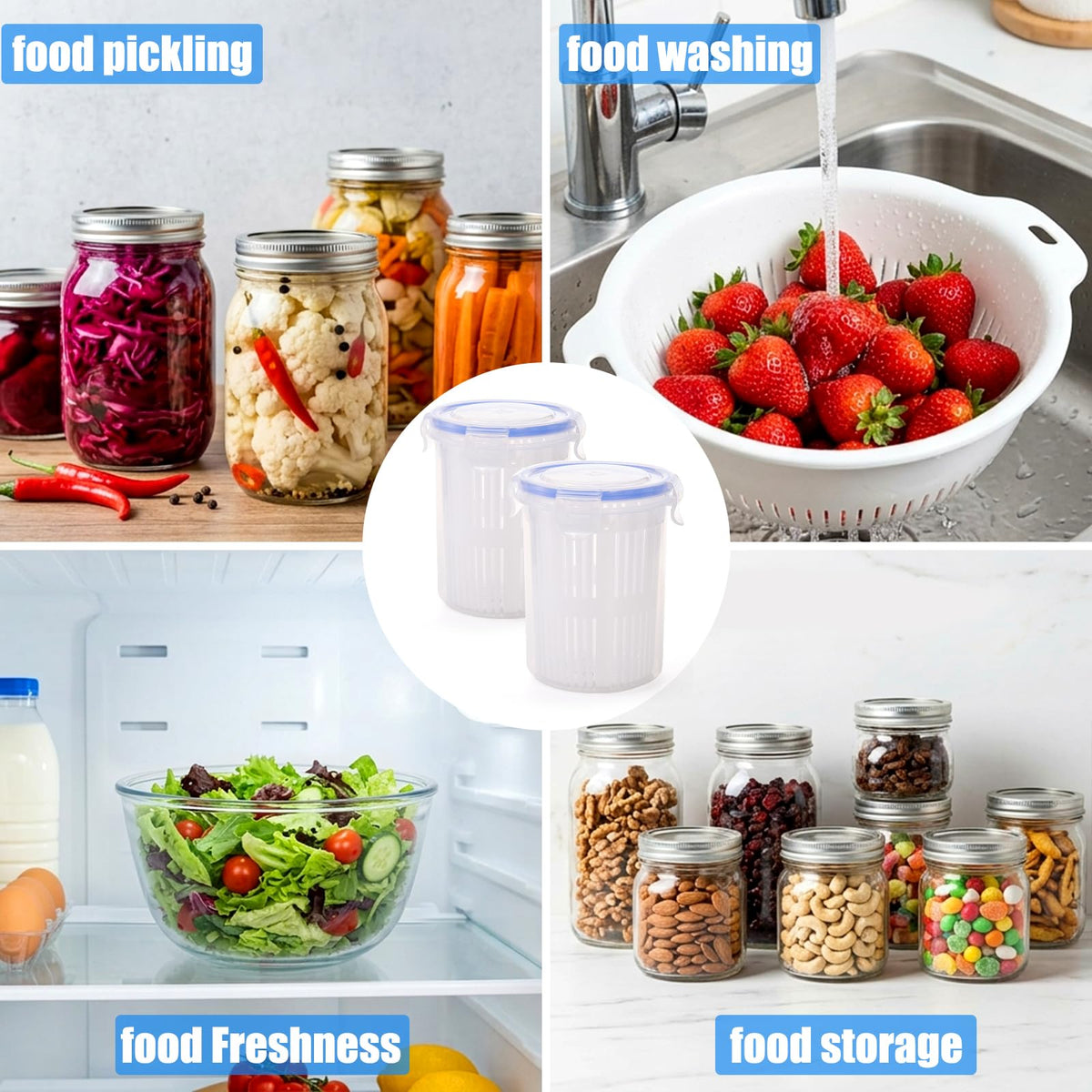 Yesland 4 Pack Pickle Container with Strainer, 24 oz Plastic Pickle Jar Holder Keeper Lifter, Clear Leak-proof Pickle Juice Separator with Lock It Lid for Sweet Gherkins, Olives