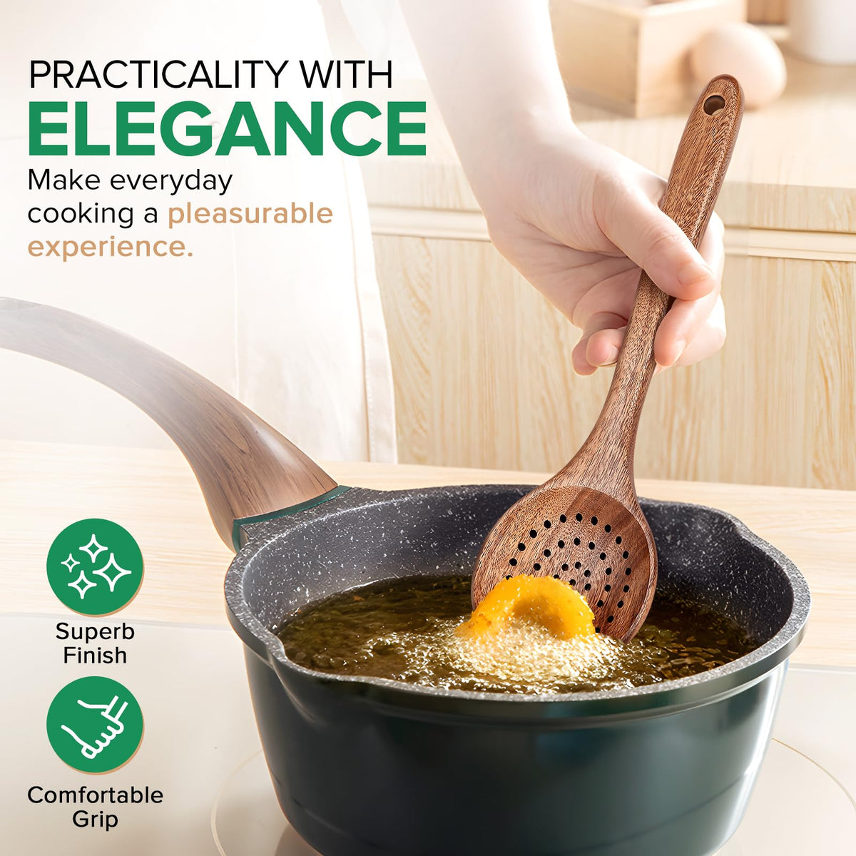 Wooden Cooking Utensil, Teak Slotted Spoon for Cooking, Natural Wood Colander Ladle Spoon with Holes, Long Handle Teak Skimmer Strainer Spoon with Teeth for Straining Draining Egg Meat Noodles,11.2″