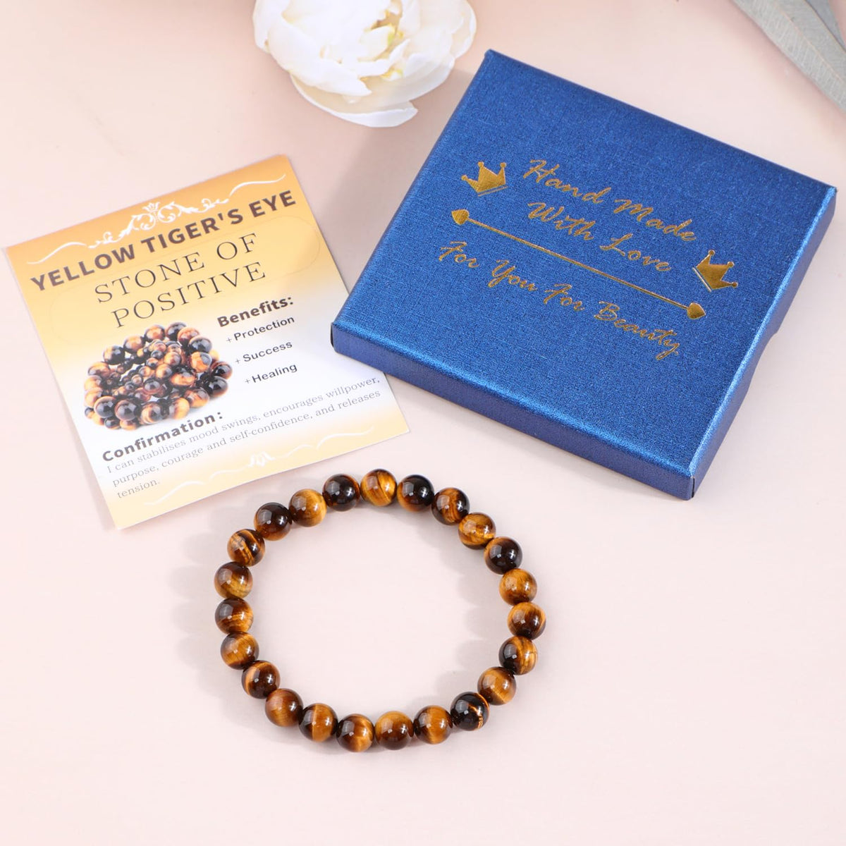 Bymitel 8mm Yellow Tiger's Eye - Handmade Reiki Gemstone Stretch Bracelet, Natural Beauty & Spiritual Essence, Crystal Healing for Unisex Adults