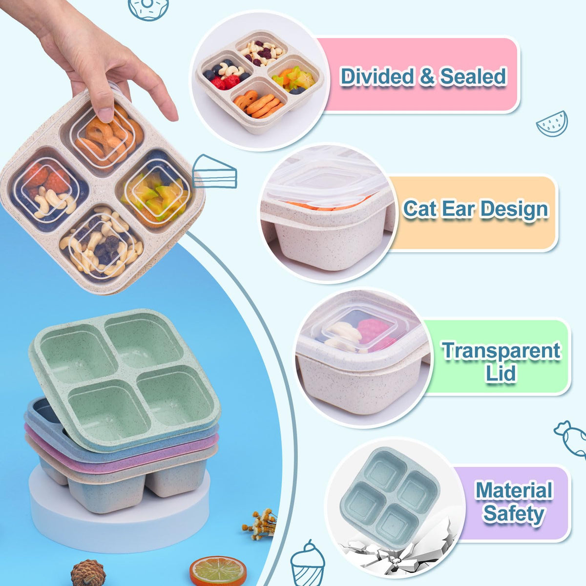 LCHLZZ 4 Pack Snack Containers, Divided Bento Snack Box, 4 Compartments Reusable Meal Prep Lunch Containers for Kids Adults, Food Storage Containers for School Work Travel