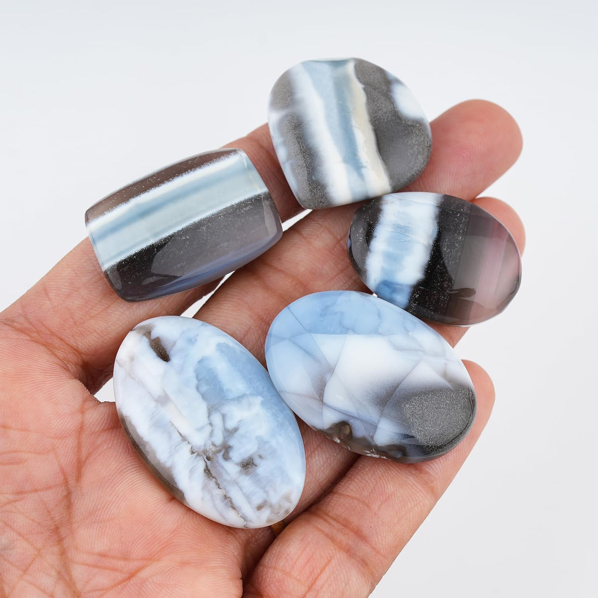 ColouredRocks (150+ carats. (5pcs.) BANDED BLUE OPAL, Mix Shape, Natural Cabochon Crystals, Loose Gemstone, Wholesale Polished Supply, Jewelry Making, DIY Craft, Gem Collection (25-30mm free size)
