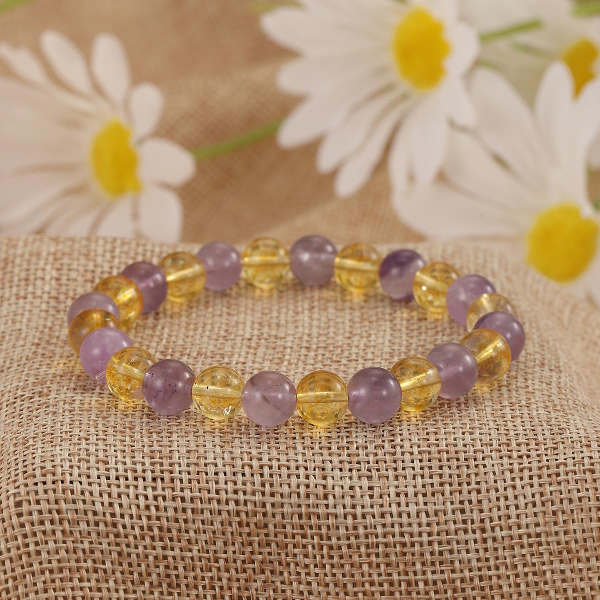 Crystal Vibe Citrine and Amethyst Crystal Bracelet for Birthday - 8mm Beaded Bracelet for Spirituality and Success - Healing Chakra Gifts for Women - Elastic Adjustable Size
