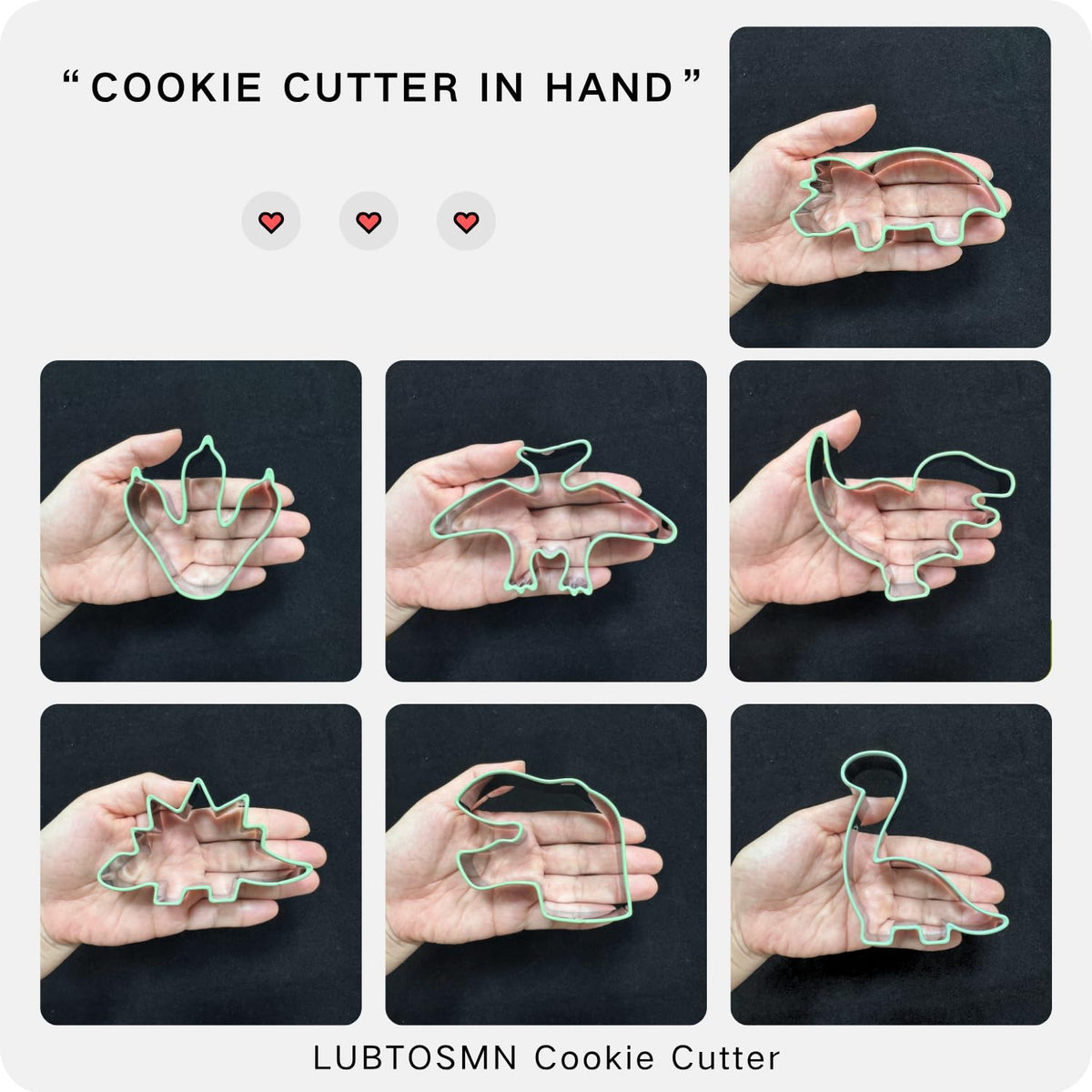 LUBTOSMN New 7 Piece Dinosaur Cookie Cutters Set with Silicone Protective Rim, Dishwasher Safe Stainless Steel Cookie Cutters for Cookies, Fondant, Sandwiches, Biscuits, Pancakes and Pastries