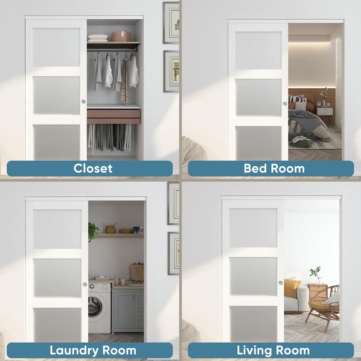 JUBEST Sliding Closet Door 60"(Double 31") x 80", 3-Lite Frosted Glass Bypass Door with Hardware Kit & Matching Fascia, Pre-Drilled Solid Wood Slab with Water-Proof PVC Surface, Easy to Install, White