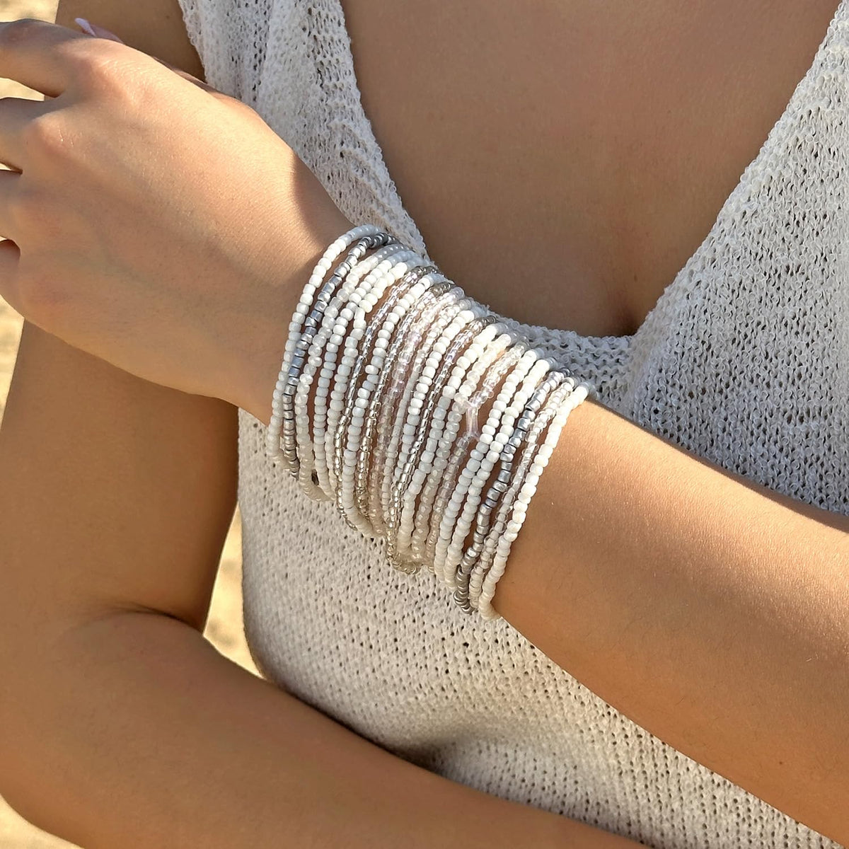 xuzhiyuan Boho Colorful Stackable Crystal Glass Beads Stretch Bracelets Multilayered Bracelets for Women Bohemian Jewelry-White 20pcs