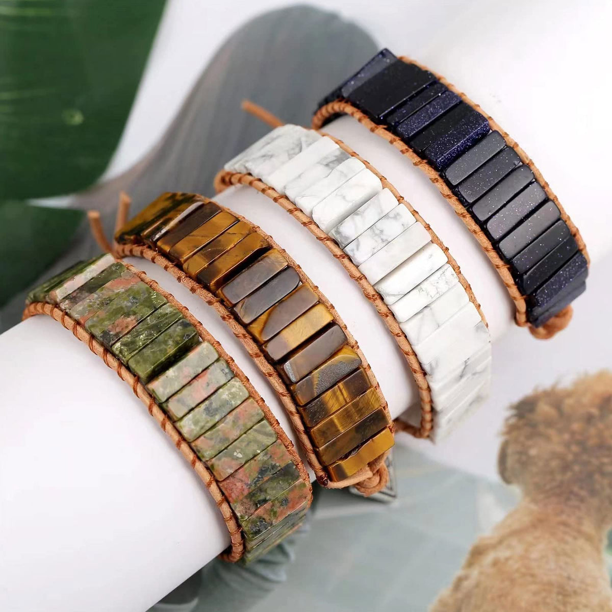 KunBead Women Green Chakra Imperial Jasper Bracelets Healing Crystal Natural Stone Bead Leather Wrap Handmade Rope Adjustable Bracelets