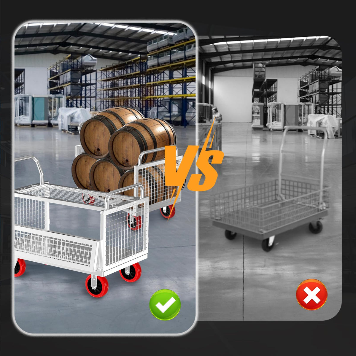 5IN1 Heavy Duty Platform Truck with Cage 40x24 Hand Truck,1800lbs Capacity Basket Cart w/Wheels, Multi-Functional Push Dolly w/6” Swivel Casters, Versatile Flatbed Cart