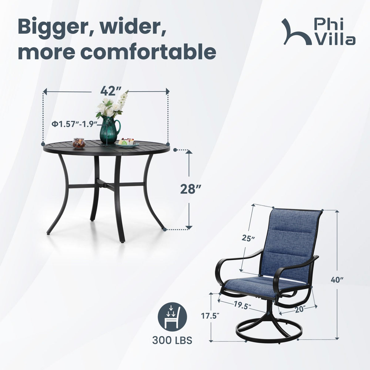 PHI VILLA 5 Piece Outdoor Patio Dining Set with 4 Padded Swivel Dining Chairs & 1 Large Round Dining Table, All Weather Blue Chair and Metal Table for Deck Lawn Garden