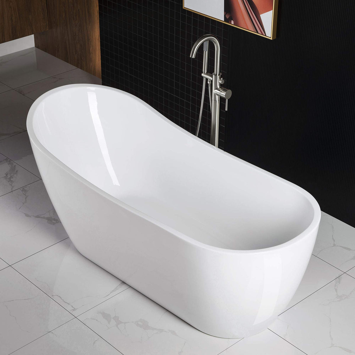 WOODBRIDGE 67" Acrylic Freestanding Bathtub Contemporary Soaking White Tub with Brushed Nickel Overflow and Drain,B-0001-BN