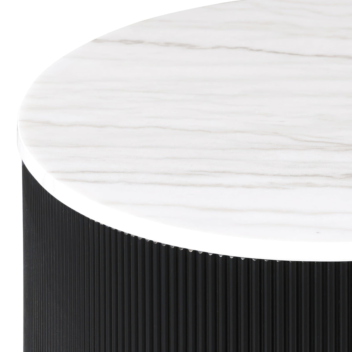 Furniture of America Beryl Modern Round White Genuine Marble Top Coffee Table with Fluted Pedestal Base and Gold Stainless Steel Accent, Low Profile Table for Living Room, Home Office, Black