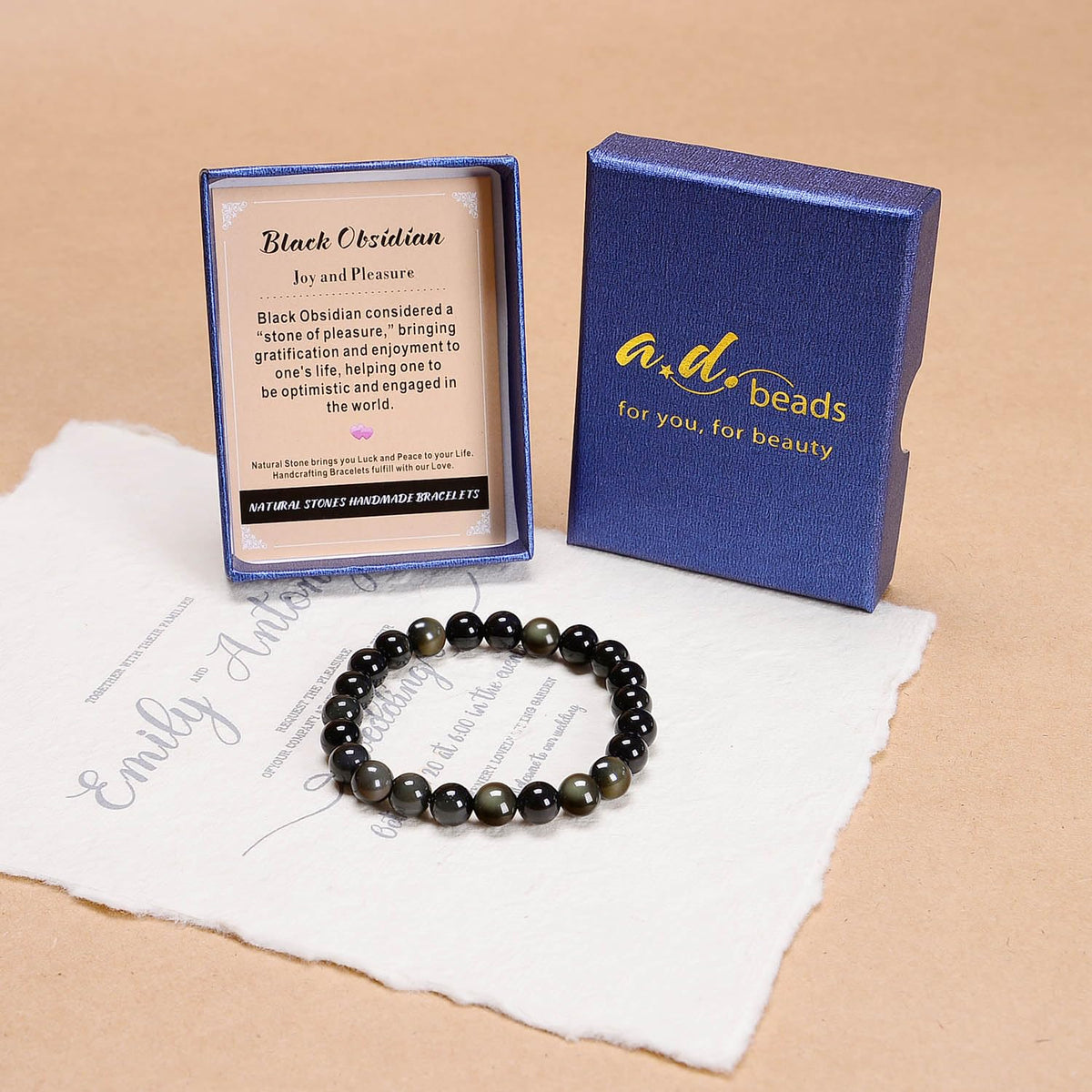 AD Beads Handmade Gemstone Stretch Elastic Bracelet Crystal Healing Reiki Nature's Beauty and Spiritual Essence Unisex (6mm, Black Obsidian (Pleasure))